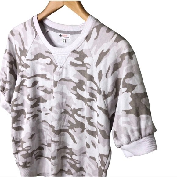 Sundry Evereve Camo Short Sleeve Sweatshirt Size 2 Raglan Sleeve Tan White - Picture 4 of 10
